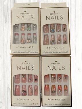 🪷 4 Sets Beautiful NAILS Press-On Nail Art Accent Sets - Pink & Natural Mix